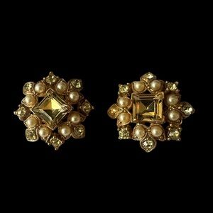 Gold Pearl & Champagne Crystal Cluster Clip-On Earrings